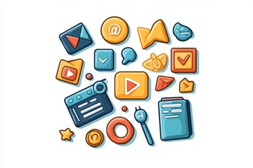 Colorful assortment of media icons and symbols on a white isolate background.