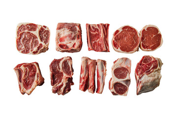 Various cuts of raw meat on a white isolate background, showcasing a range of textures and colors.