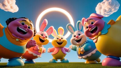Naklejka premium Easter greeting card. group of animated bunny characters in pastel colors in a meadow