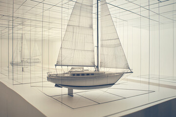 Fototapeta premium A sailboat rendered in a complex wireframe art style displays intricate lines and geometry on a light minimalistic background 
