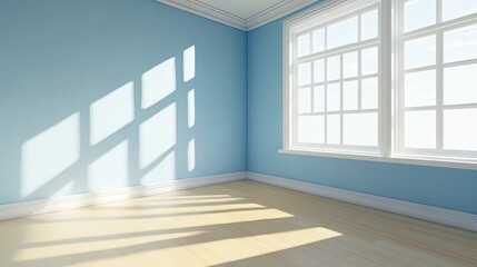 Fototapeta premium Empty room corner with sunlight. Vector realistic illustration of house interior perspective with blue painted wall