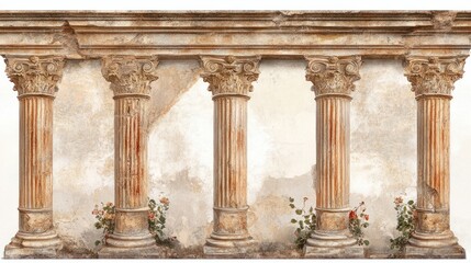Naklejka premium Vintage Roman mural wallpaper with intricate columns and fresco textures, perfect for elegant spaces, isolated on white