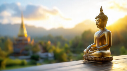 Obraz premium Golden Buddha statue in Thailand, basking in warm sunlight, surrounded by serene nature and distant temples, evokes sense of peace and tranquility