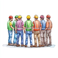 Construction workers in various colored helmets discussing plans on site, teamwork, and collaboration.