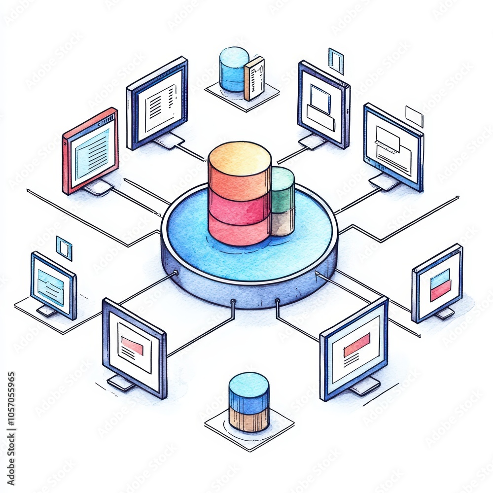 Poster data visualization with multiple devices connected to a central database. ideal for tech-related the