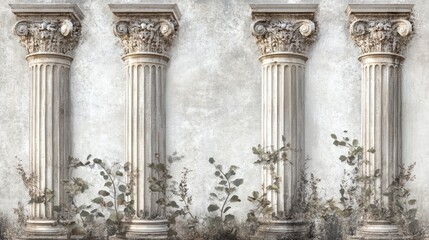 Fototapeta premium Vintage Roman mural wallpaper with intricate columns and fresco textures, perfect for elegant spaces, isolated on white