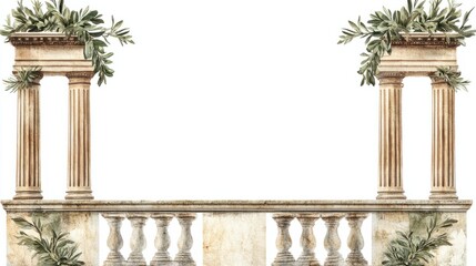 Naklejka premium Vintage Roman scene with laurel wreaths, olive branches, and faded fresco designs, isolated on white