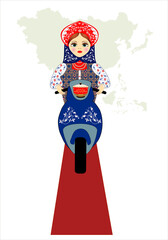 Russian nesting doll sitting at the wheel of a motorcycle against the background of the map of Eurasia. Treats in a pot are carried by motorcyclists. Travel, friendship of peoples. illustration