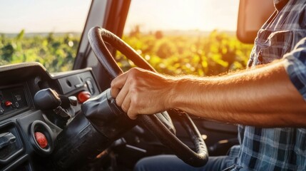 Obraz premium A person is driving a tractor through a lush, green field during sunset, highlighting the connection between farming and nature while emphasizing the hard work involved in agriculture