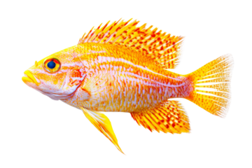 Vibrant yellow fish with striking fins and blue eyes, swimming gracefully. Isolated on a white background.