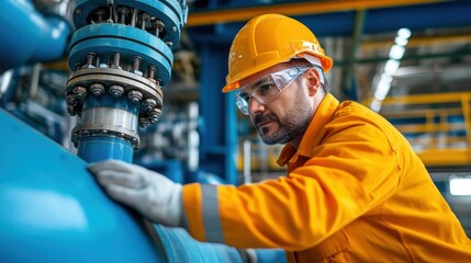 The technician, wearing an orange safety uniform and hard hat, carefully inspects the industrial piping system, ensuring proper function and safety protocols are met
