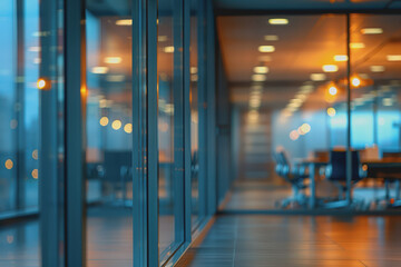 The office space of a glass wall business center with shiny space and a blurred abstract background.