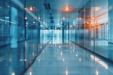 The office space of a glass wall business center with shiny space and a blurred abstract background.