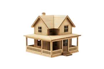 Wooden house model against a white isolated background, showcasing architectural details and craftsmanship.