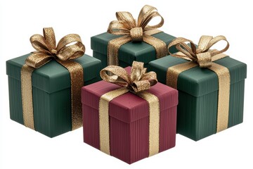 Obraz premium Four beautifully wrapped gift boxes with gold ribbons on a white isolated background.