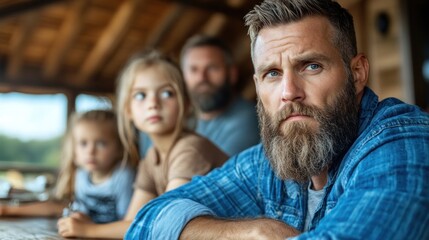 Fototapeta premium A group of family members sits together inside a rustic cabin, with one man deep in thought while two children and another man gaze thoughtfully outside, enjoying their time together