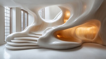 Obraz premium Unique architectural interior with flowing, organic forms, featuring a sculpted staircase and warm, illuminated alcoves, creating a surreal, futuristic atmosphere. 