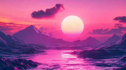 Vaporwave sunset over surreal mountains with pink sky