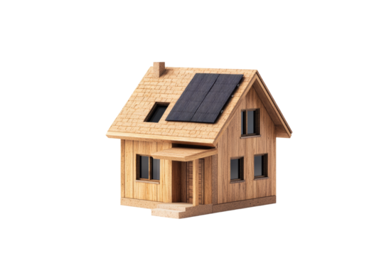 Wooden model house with solar panels on white isolate background.