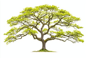 Green leafy tree with expansive branches, isolated on white background.