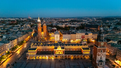 aerial view over central square of krakow in evening at sunset in poland