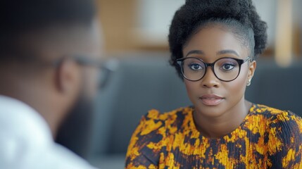 Two professionals engage in a deep conversation in a modern office environment. The woman listens intently while the man speaks, demonstrating a serious and thoughtful discussion
