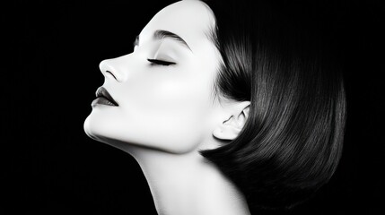 Fototapeta premium Elegant Woman with Short Black Hair in Black and White Portrait