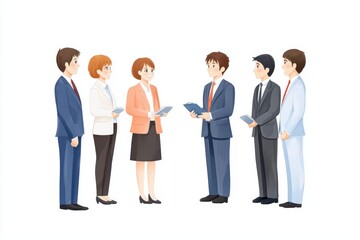 Fototapeta premium Group of six professionals engaging in conversation, white isolate background.