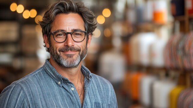 A friendly man with salt-and-pepper hair and glasses stands in a warm, inviting shop surrounded by a variety of colorful items, exuding a relaxed and approachable vibe