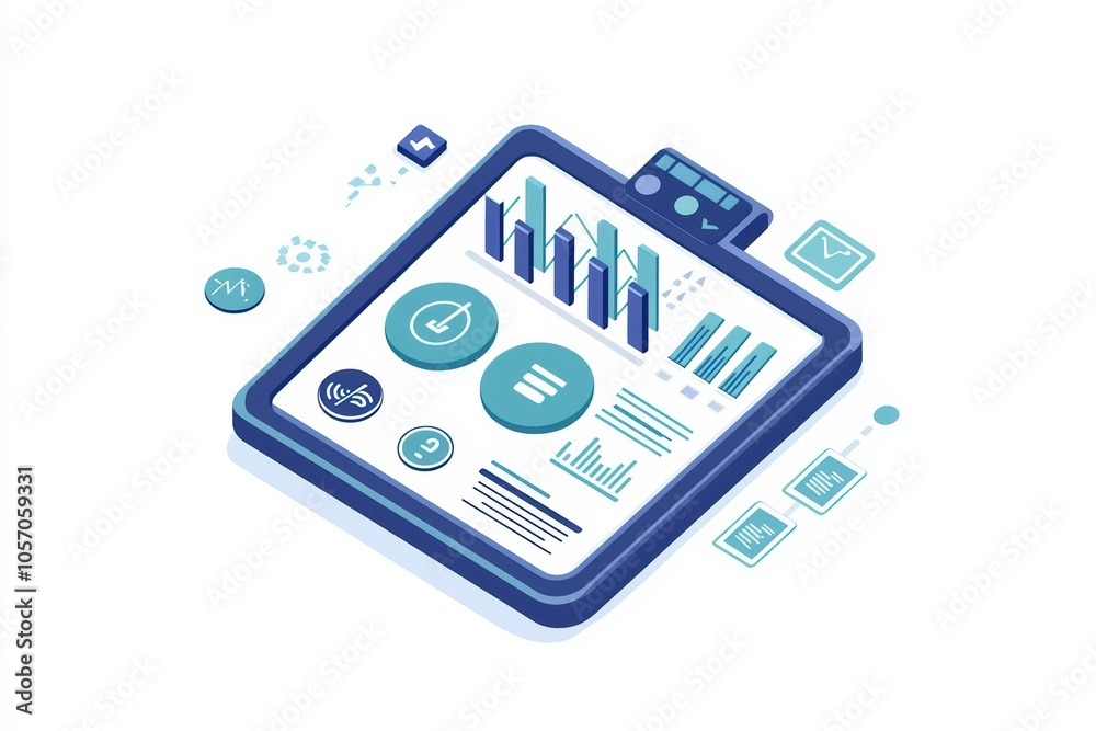 Poster isometric data analysis dashboard with graphs and icons on a white background.