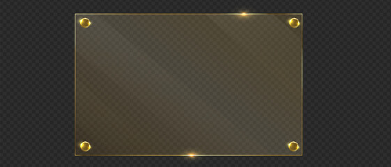 Vector glass frame. Isolated on transparent background. Golden Glass banner. Gold glass panel 	
