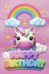 Colorful Unicorn Birthday Greeting with Rainbow. AI generated