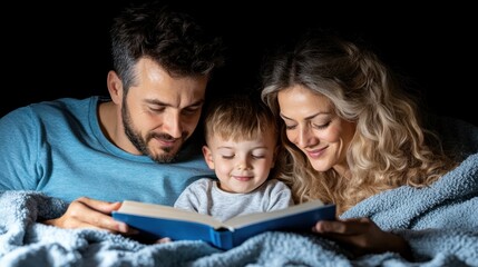 A father and mother share a special moment reading to their young child under warm blankets in the comforting darkness of night. The joy of storytelling lights up their faces
