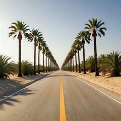 Palm tree lined road with sand beside it