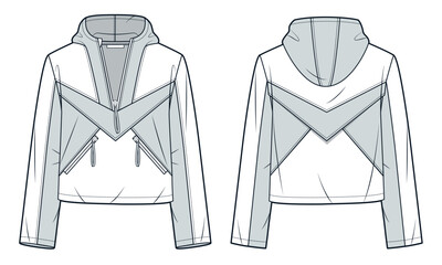 Crop Hoodie technical fashion illustration. Anorak Jacket fashion flat technical drawing template, half zip, pockets, front and back view, white and grey, women, men, unisex CAD mockup. © Liubov Hladka