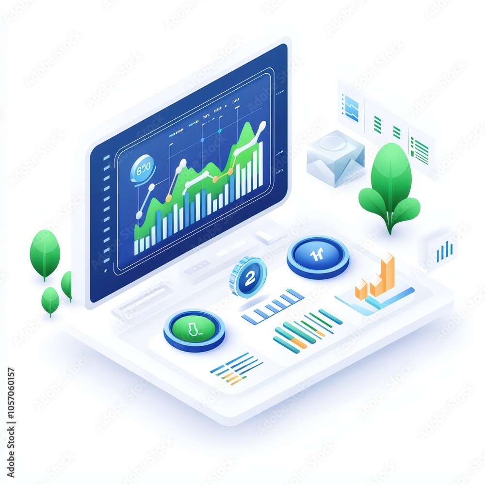 Poster modern data analytics dashboard with graphs, charts, and interactive elements on a white background.