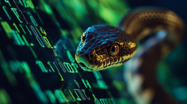 Na ekranie widoczne są kodujące liczby i znaki, kt&oacute;re składają się na fragmenty kodu w języku Python. W tle widać stylizowanego węża symbolizującego elastyczność i moc tego języka programowania. 