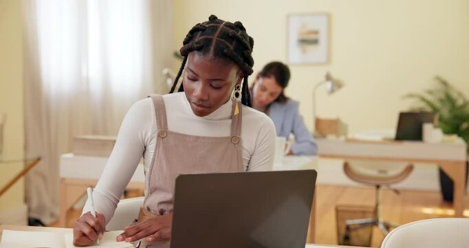 Business, woman and laptop with writing in office for article research, blog post review and editing story. Coworking job, writer and person with proofreading project, creative process and planning
