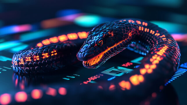Na ekranie widoczne są kodujące liczby i znaki, kt&oacute;re składają się na fragmenty kodu w języku Python. W tle widać stylizowanego węża symbolizującego elastyczność i moc tego języka programowania. 