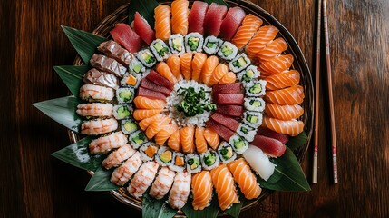 Sushi platter with various types of sushi.