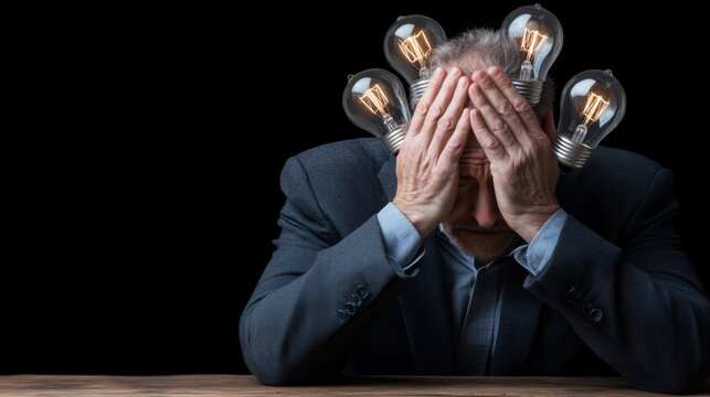 A man sits at a wooden table, covering his face with his hands, while five light bulbs hover above his head, representing confusion and the pressure of too many ideas at once