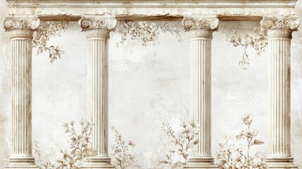 Obraz premium Vintage-style wallpaper with Roman pillars and decorative floral motifs, perfect for historical decor, isolated on white