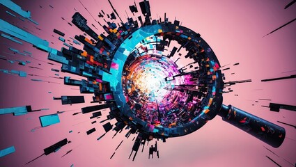 A glitchy, amorphous, and distorted magnifying glass background