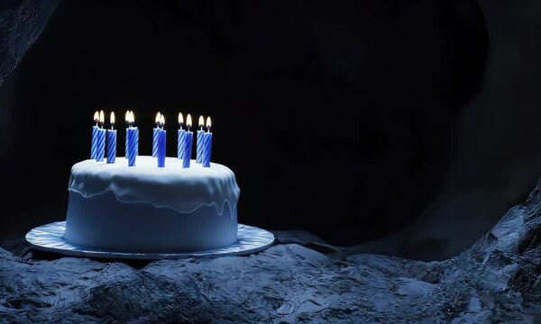 Delicious cake with candles in a dark cave setting