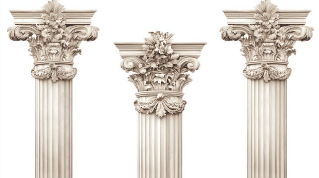 Vintage-style wallpaper with Roman pillars and decorative floral motifs, perfect for historical decor, isolated on white