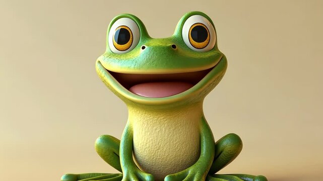 Charming cartoon frog smiling joyfully while zooming in against a vibrant yellow backdrop