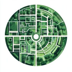 Stylized green maze design with paths and trees, perfect for landscaping or urban planning concepts.