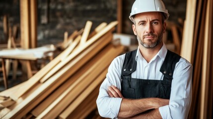 The carpenter, wearing a hard hat and work attire, stands proudly in a workshop filled with wooden planks and tools, showcasing dedication to quality craftsmanship