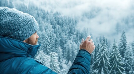 A man dressed warmly stands in a snowy landscape, gazing at the breathtaking snow-covered trees and misty mountains. Winter beauty captivates his attention