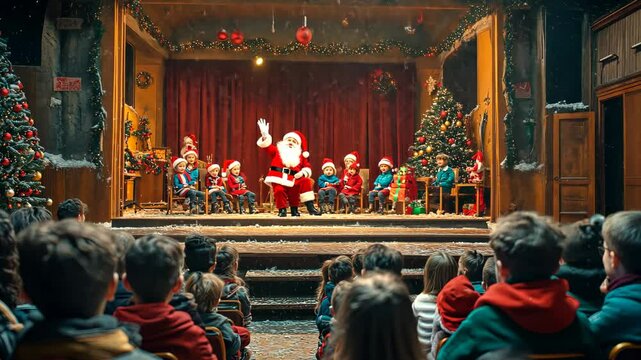 Christmas performance on a small stage, with actors dressed as Santa, elves, and reindeer, entertaining an audience of children. . Video